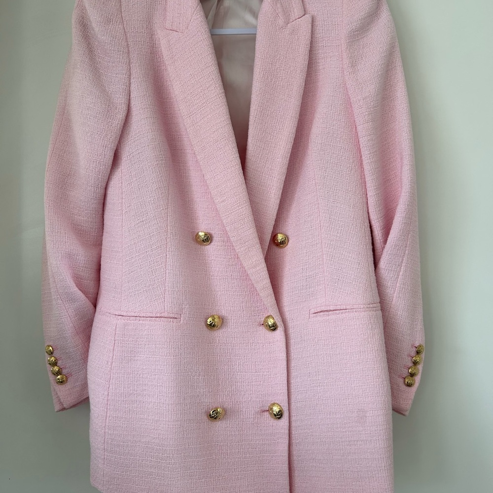 WOMENS LIGHT BABY PINK ZARA BLAZER SIZE MEDIUM GOLD BUTTONS DOUBLE BREASTED
